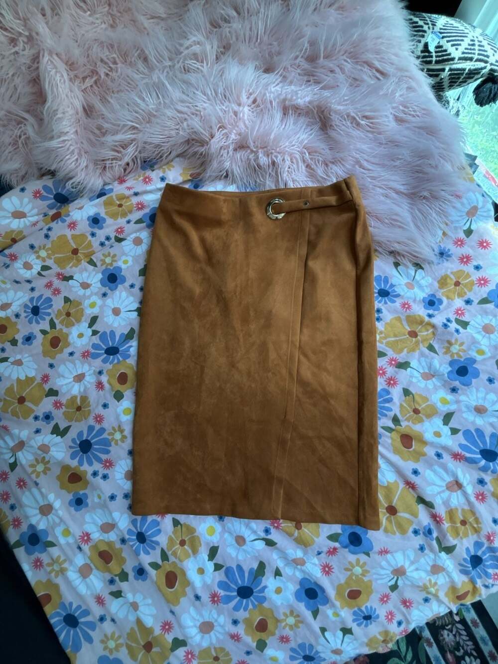 Marc New York Andrew Marc Brown Faux Suede Wrap Midi Skirt